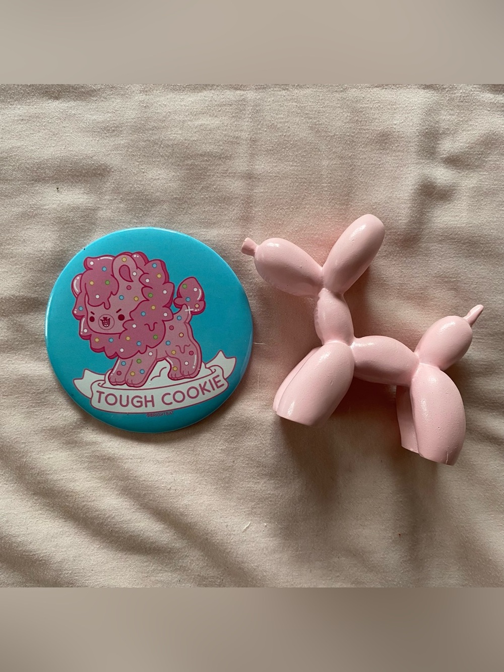 Lot of 2 Pastel Pink Balloon Dog Figurine & Brightbat Tough Cookie 3" Button Pin